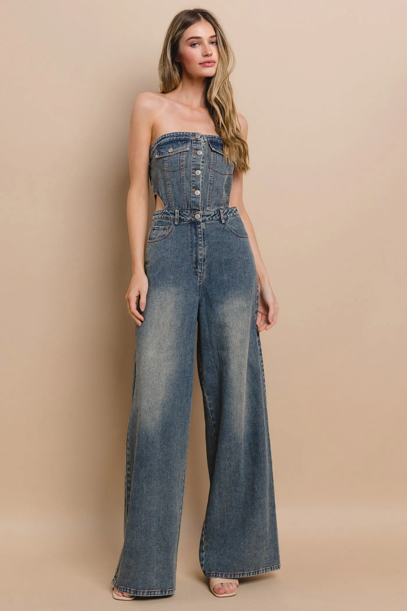 STRAPLESS CUTOUT DENIM JUMPSUIT