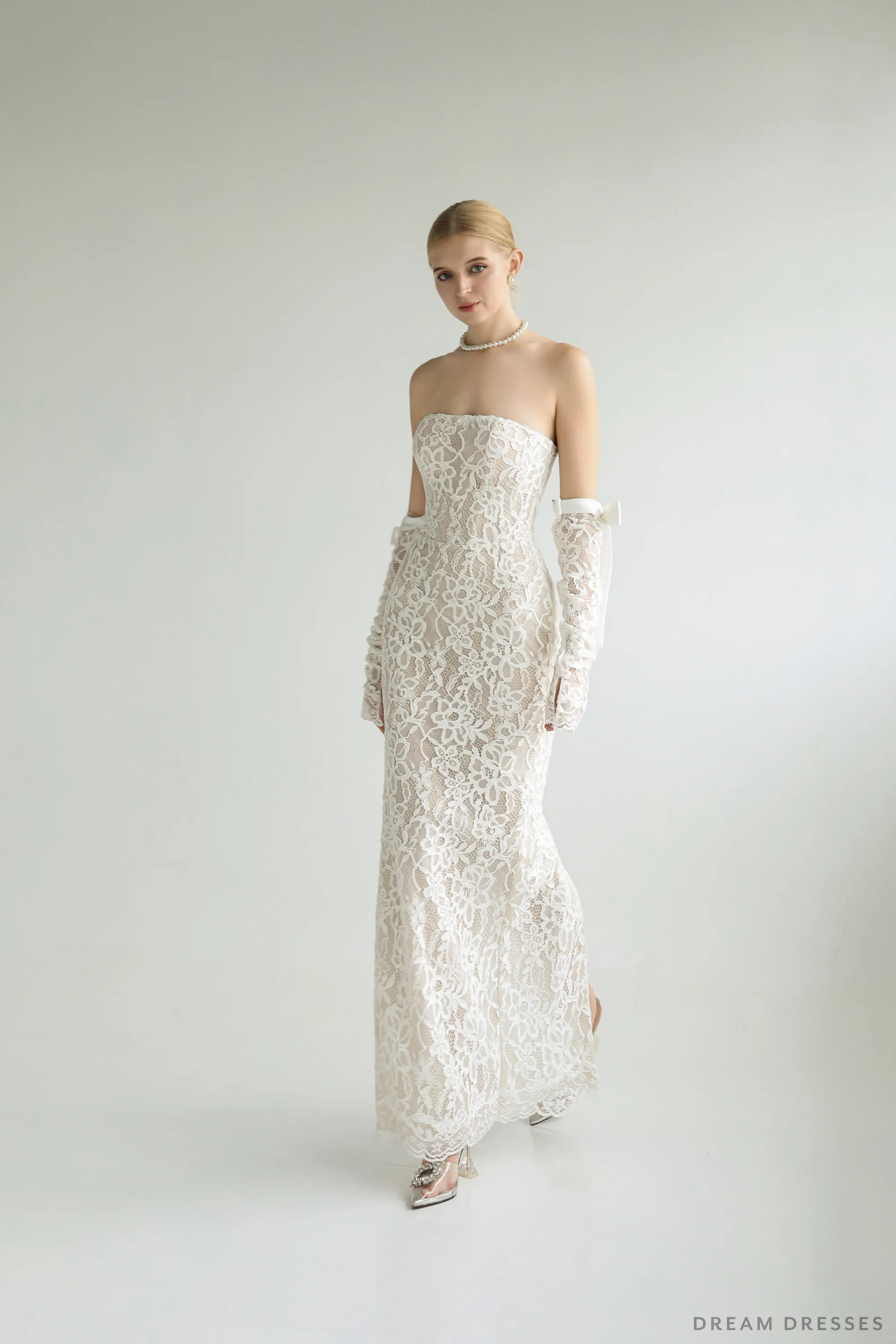 Strapless Lace Wedding Dress with Detachable Sleeves (#MERITA)