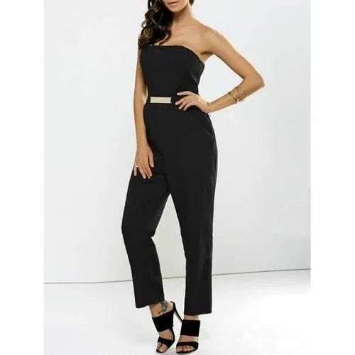 Strapless Metal Embellished Backless Jumpsuit - Black L