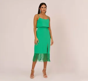Stretch Crepe Popover Midi Dress With Fringe Hem In Summer Green