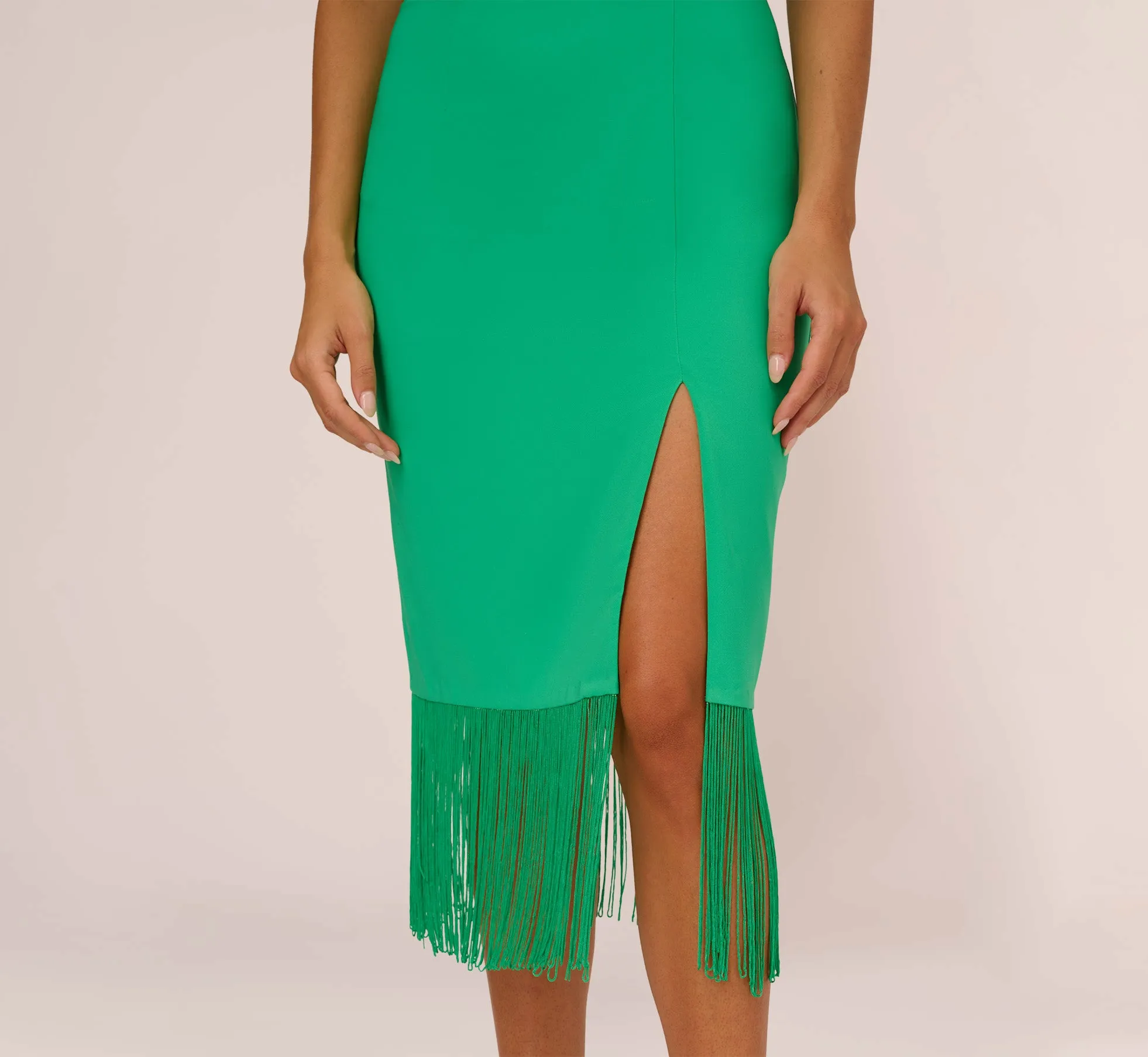 Stretch Crepe Popover Midi Dress With Fringe Hem In Summer Green
