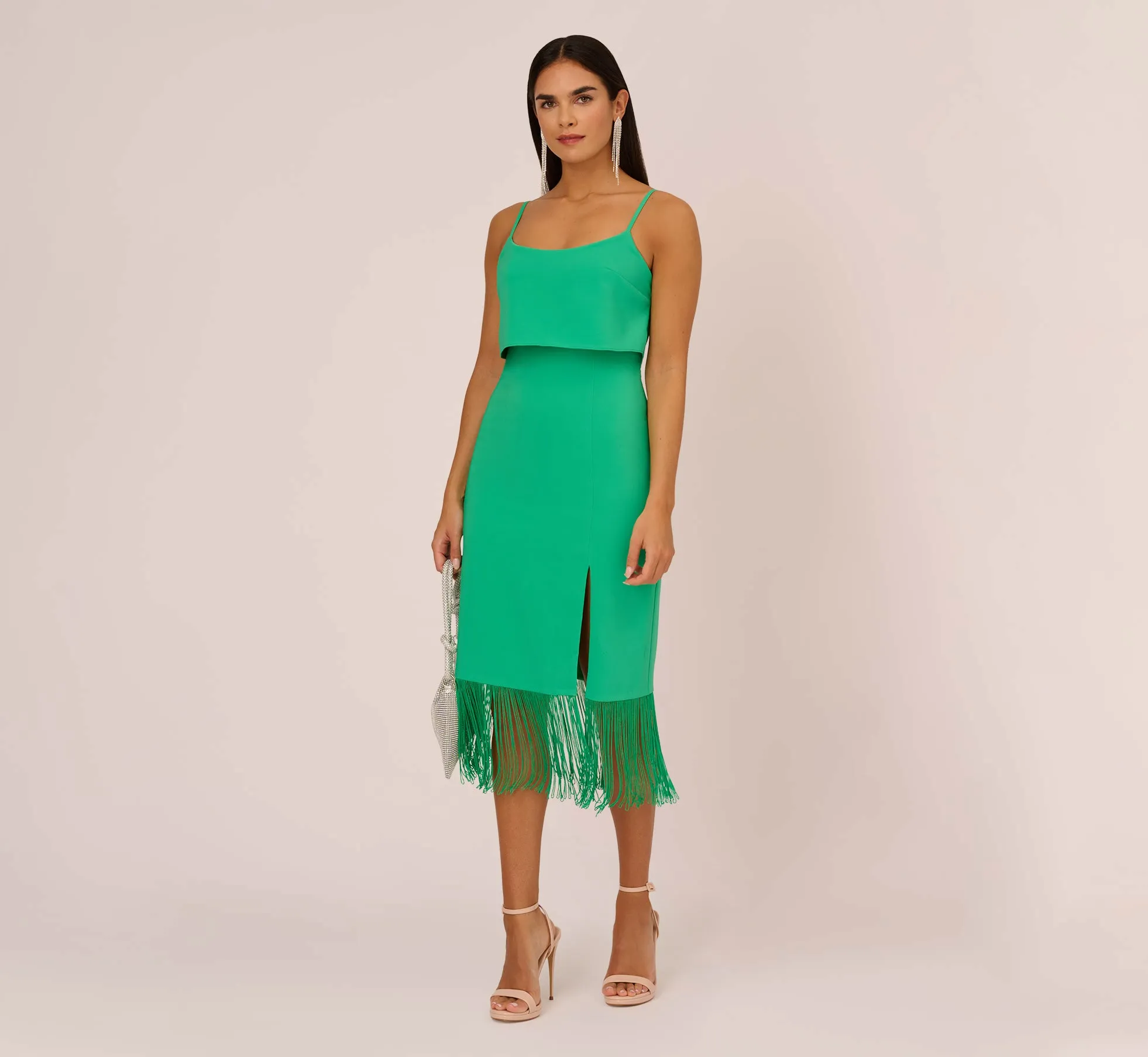 Stretch Crepe Popover Midi Dress With Fringe Hem In Summer Green