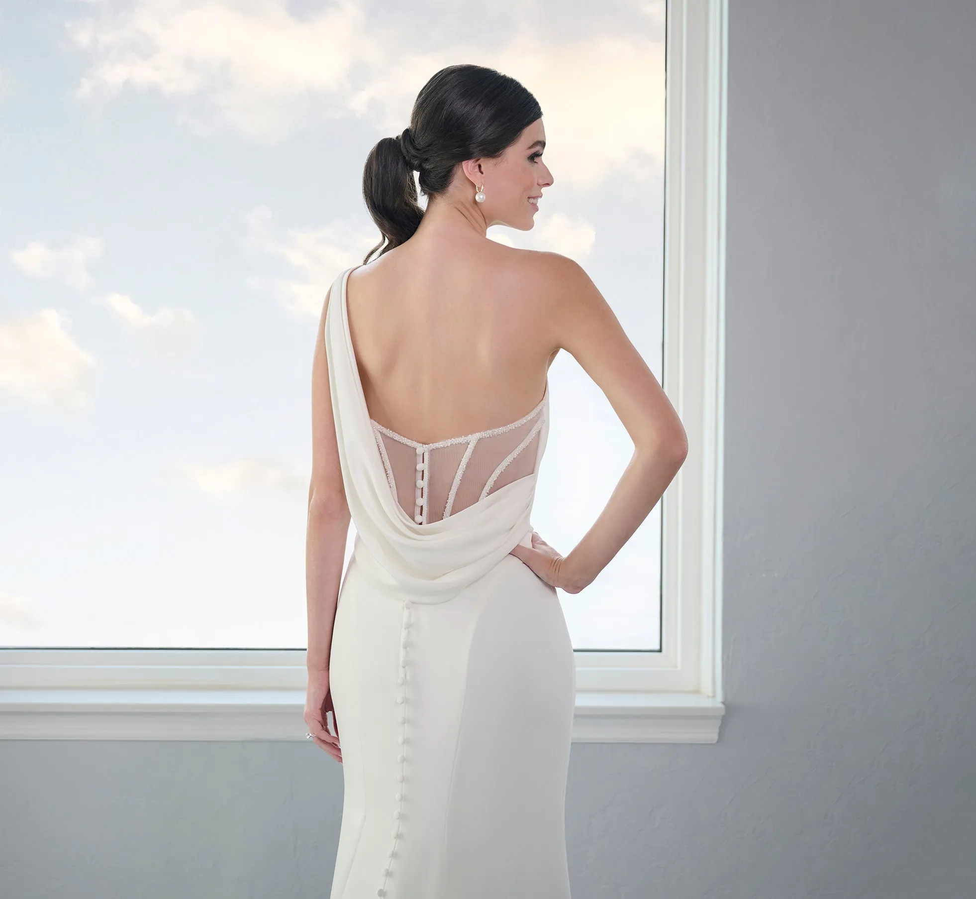 Stretch Matte Charmeuse Gown With One Shoulder In Ivory