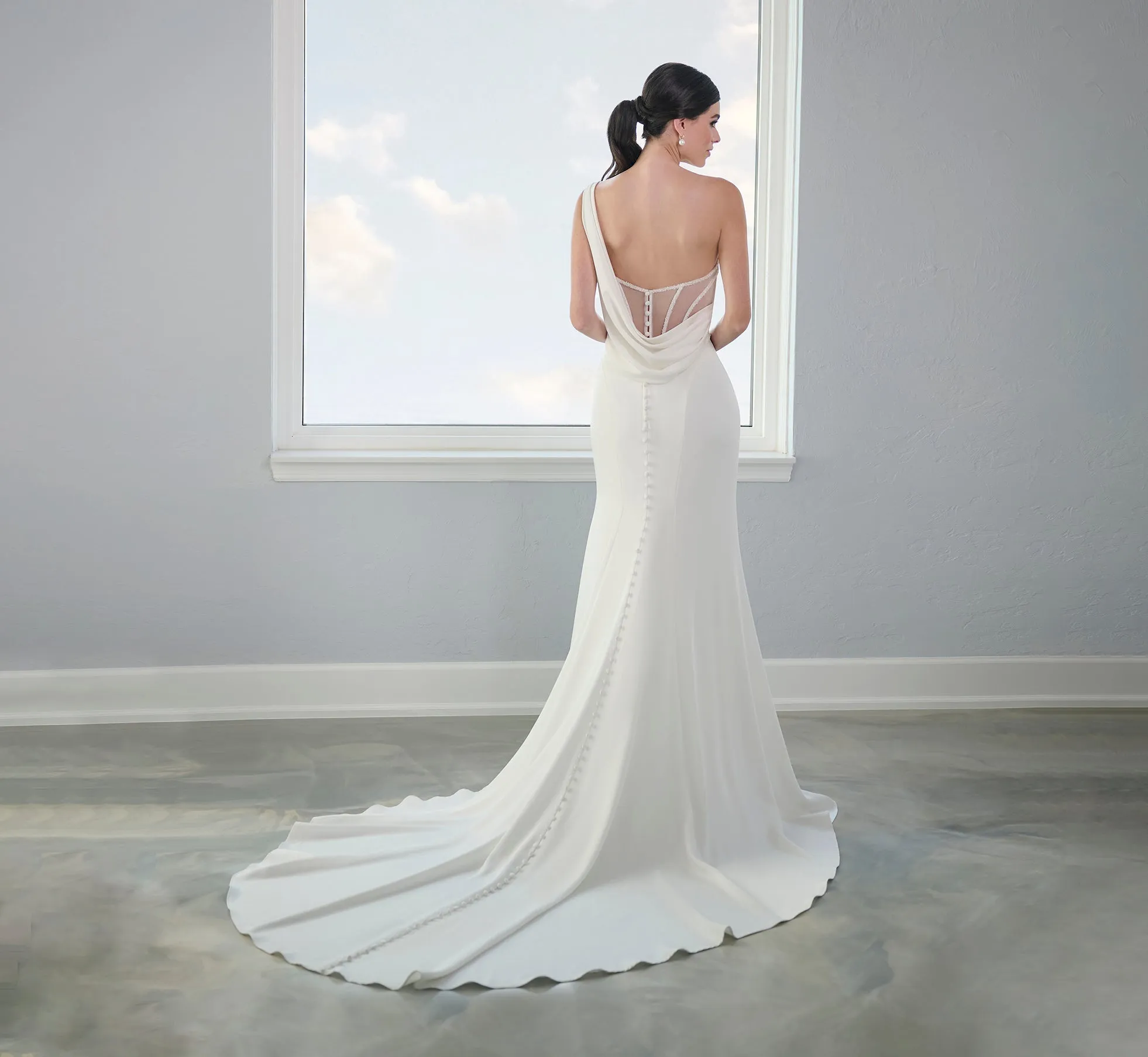 Stretch Matte Charmeuse Gown With One Shoulder In Ivory