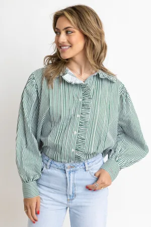 Stripe Pleat Ruffle Trim Top