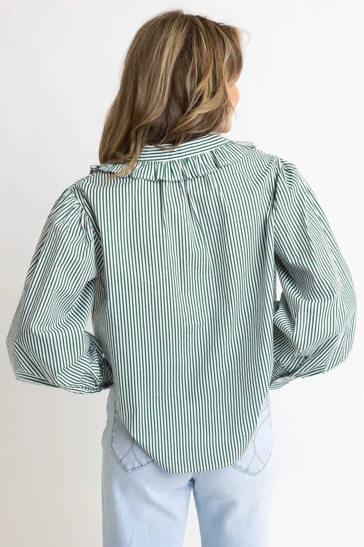 Stripe Pleat Ruffle Trim Top
