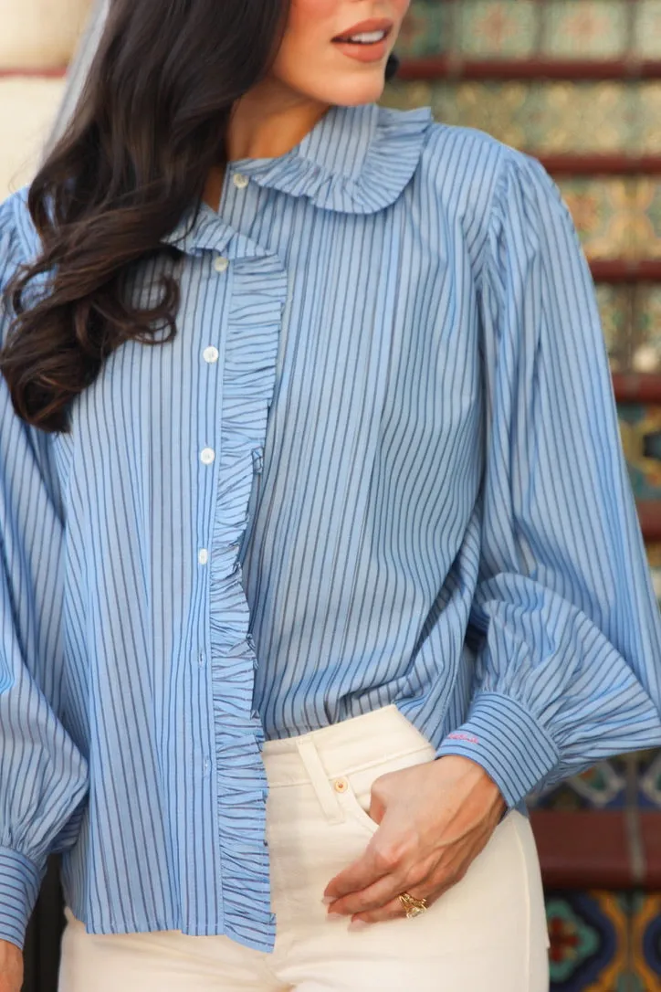Stripe Poplin Ruffle Collar Pleat Top