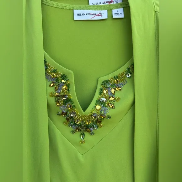 Susan Graver Liquid Knit Cardigan Set Sz L Embellished Beaded Tank Green Spring