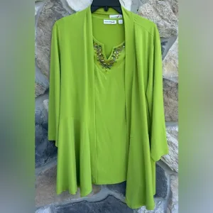 Susan Graver Liquid Knit Cardigan Set Sz L Embellished Beaded Tank Green Spring