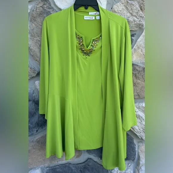 Susan Graver Liquid Knit Cardigan Set Sz L Embellished Beaded Tank Green Spring
