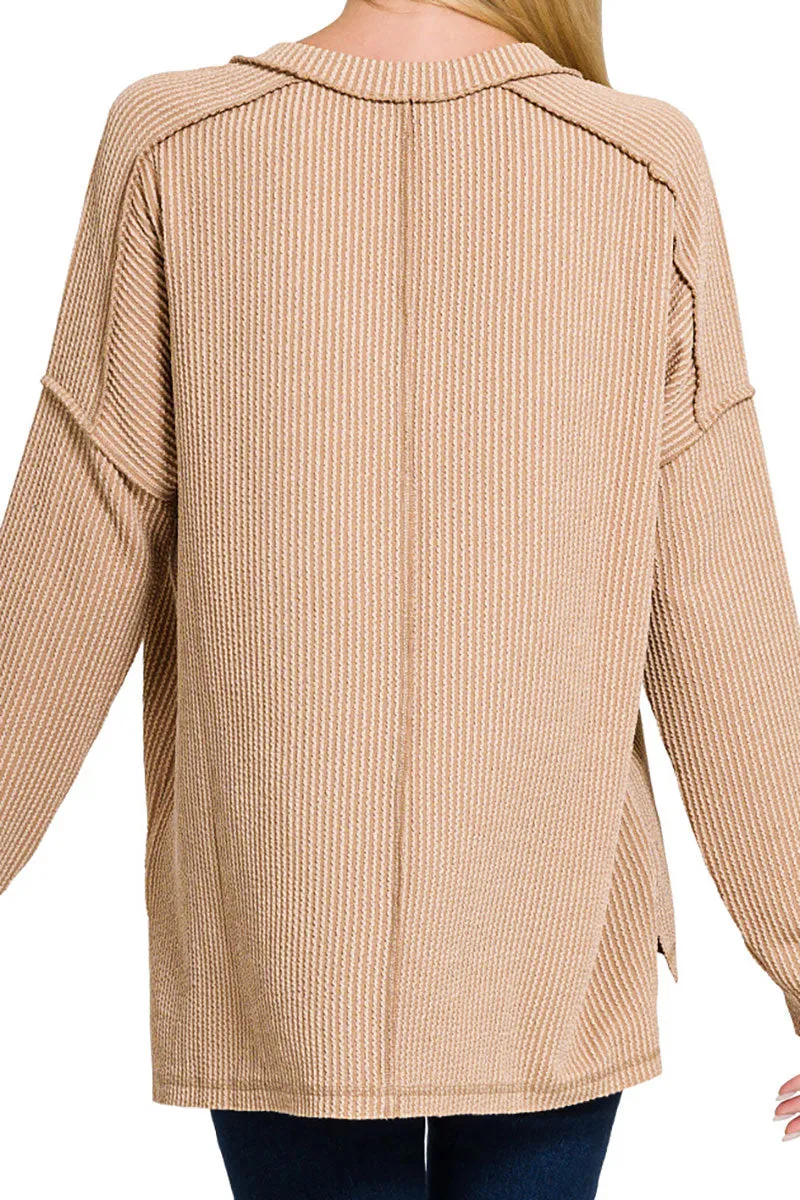 Take The Plunge Light Mocha Wavy Rib Knit Long Sleeve Top