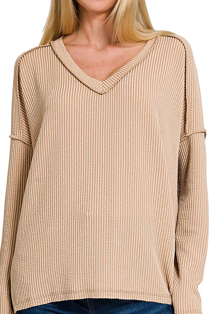 Take The Plunge Light Mocha Wavy Rib Knit Long Sleeve Top