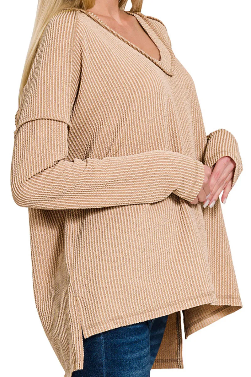 Take The Plunge Light Mocha Wavy Rib Knit Long Sleeve Top