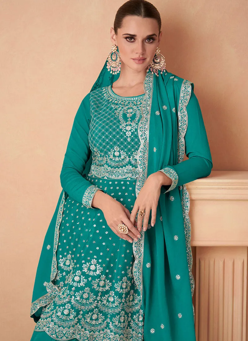 Teal Green Sequence Embroidery Peplum Style Gharara Suit