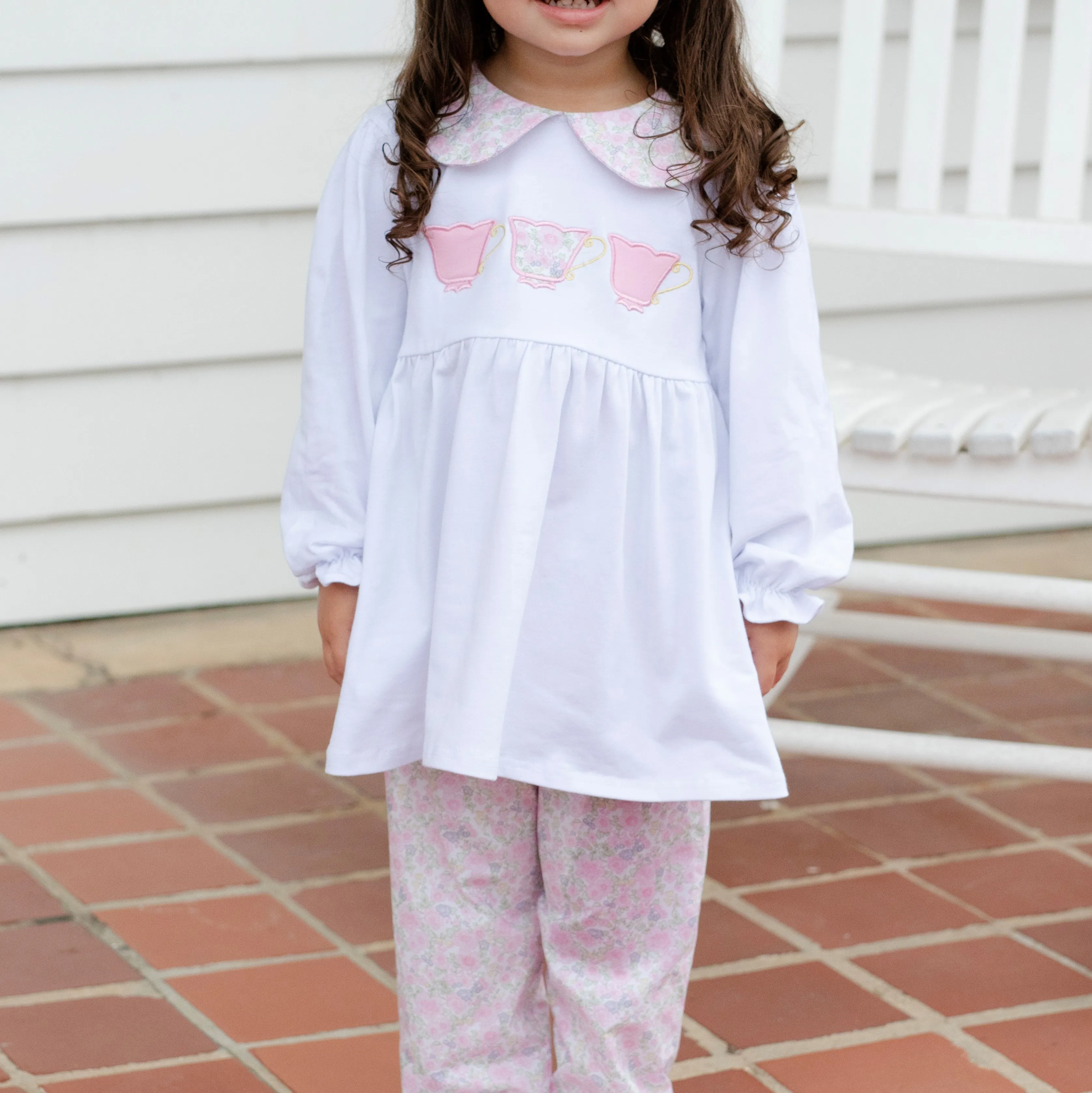 Tiffany Teacup Applique Ruffle Pant Set, Pink