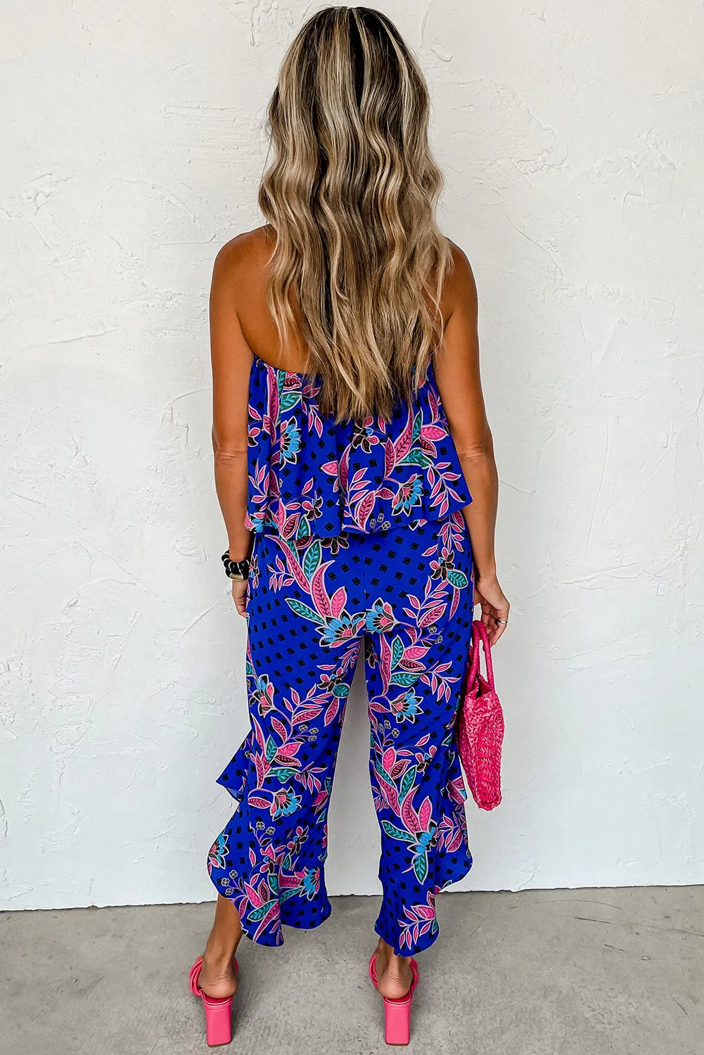Tropical Strapless Ruffled Jumpsuit
