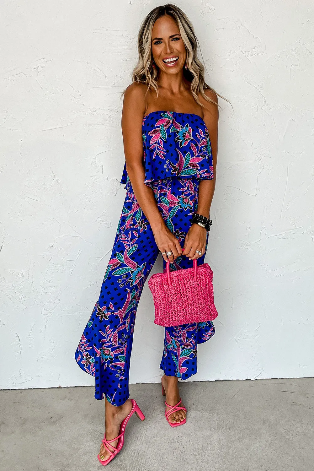 Tropical Strapless Ruffled Jumpsuit