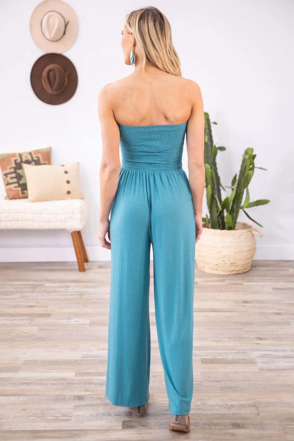 Turquoise Smocked Bodice Strapless Jumpsuit