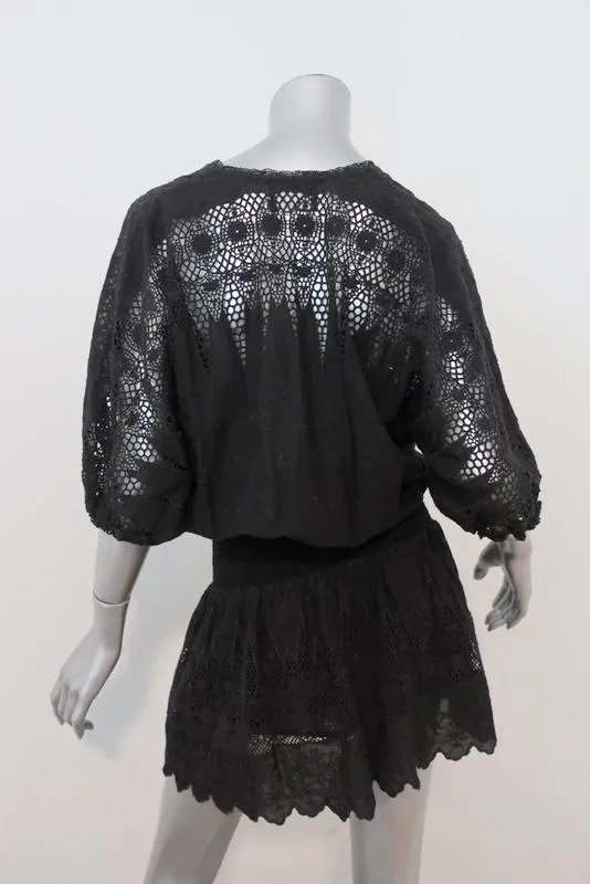 Ulla Johnson Mini Dress Black Crochet Lace-Inset Embroidered Cotton Size 2