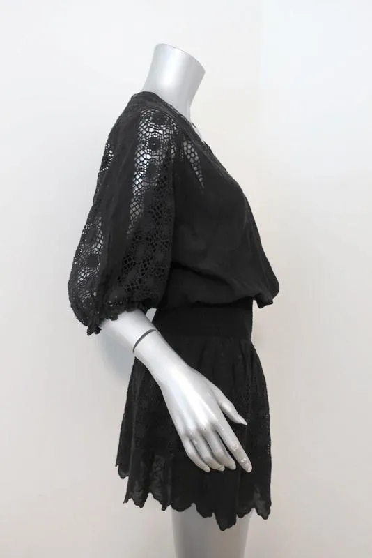 Ulla Johnson Mini Dress Black Crochet Lace-Inset Embroidered Cotton Size 2