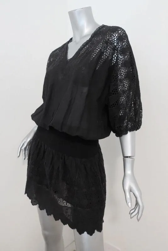 Ulla Johnson Mini Dress Black Crochet Lace-Inset Embroidered Cotton Size 2
