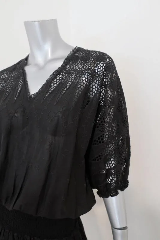 Ulla Johnson Mini Dress Black Crochet Lace-Inset Embroidered Cotton Size 2