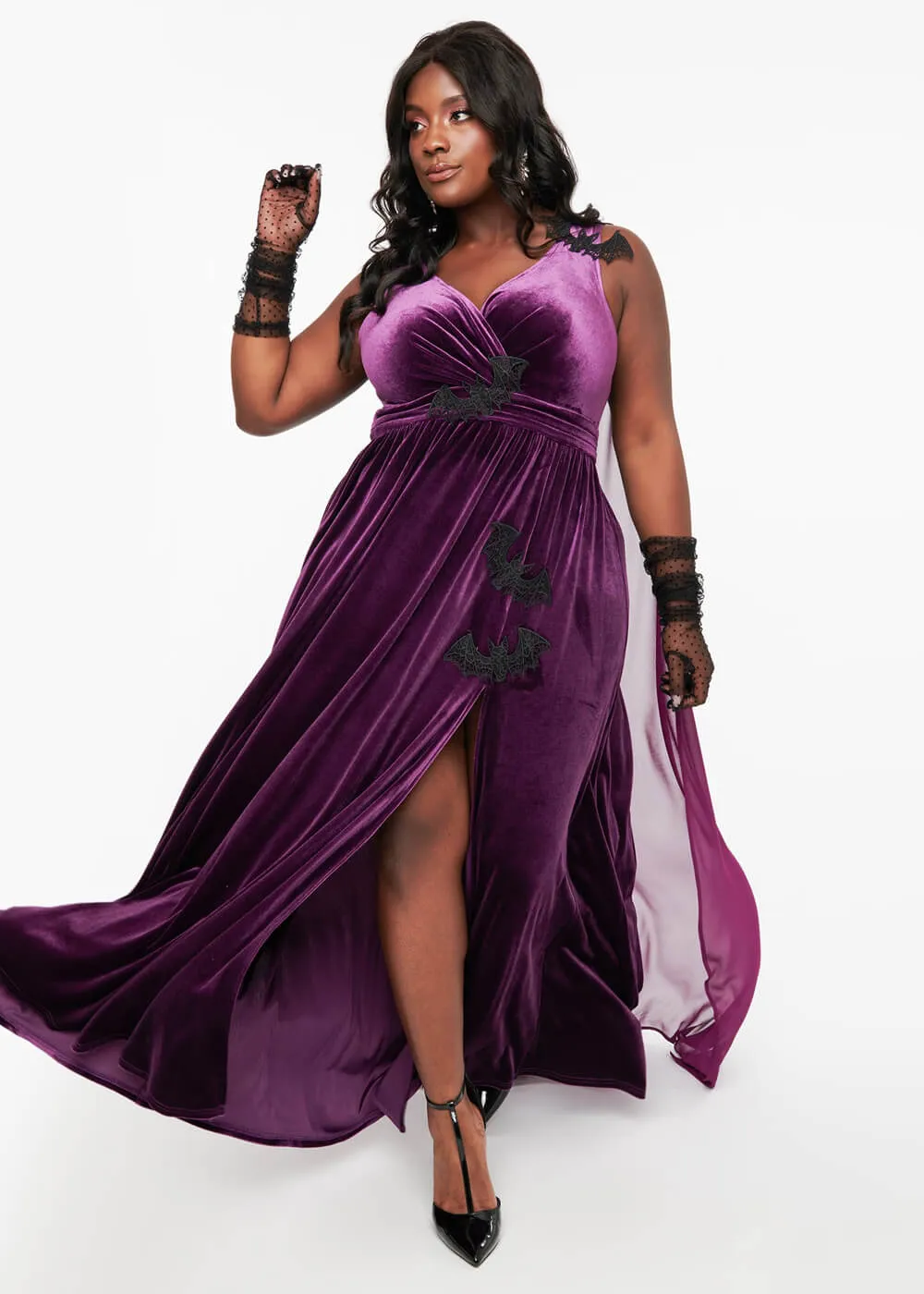Unique Vintage Bats Cape Maxi Dress Purple