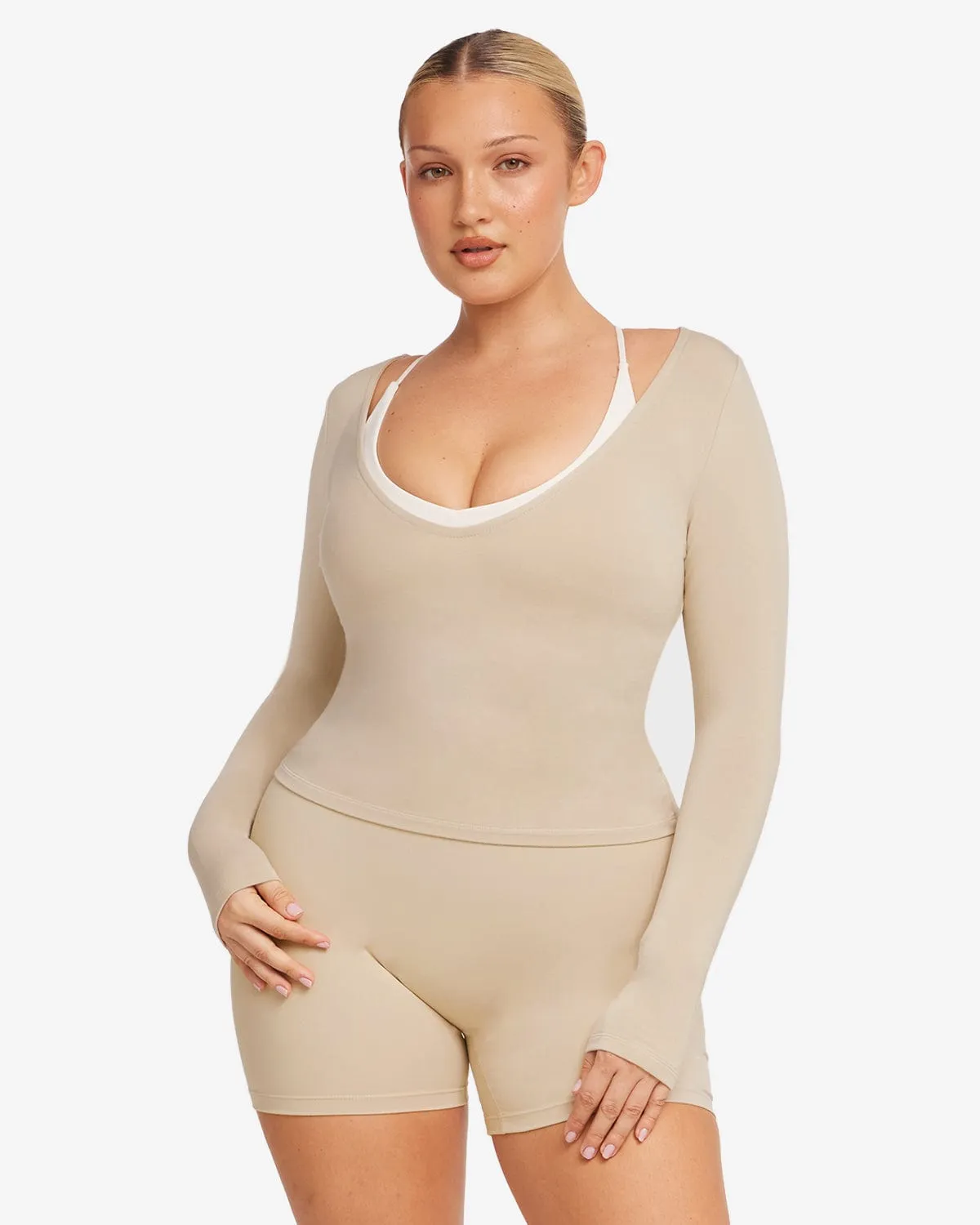 V Neck Long Sleeve Top | Fawn