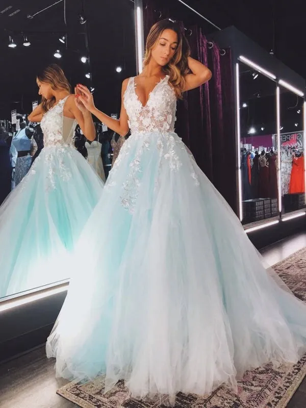V Neck Open Back Teal Lace Floral Long Prom, Teal Lace Floral Formal Evening
