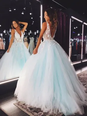 V Neck Open Back Teal Lace Floral Long Prom, Teal Lace Floral Formal Evening