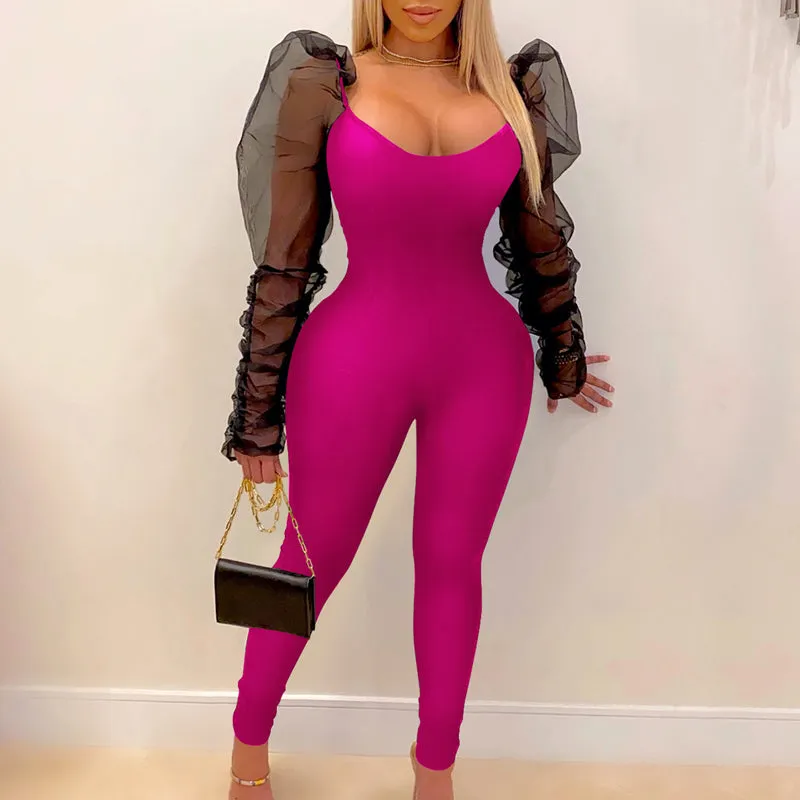 V-Neck Sheer Mesh Pleats Long Puff Sleeve Jumpsuit