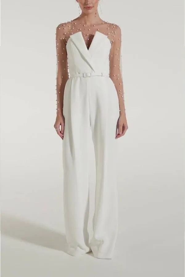 V Neck Strapless Pocketed Wide Leg Jumpsuit