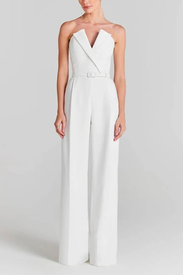 V Neck Strapless Pocketed Wide Leg Jumpsuit