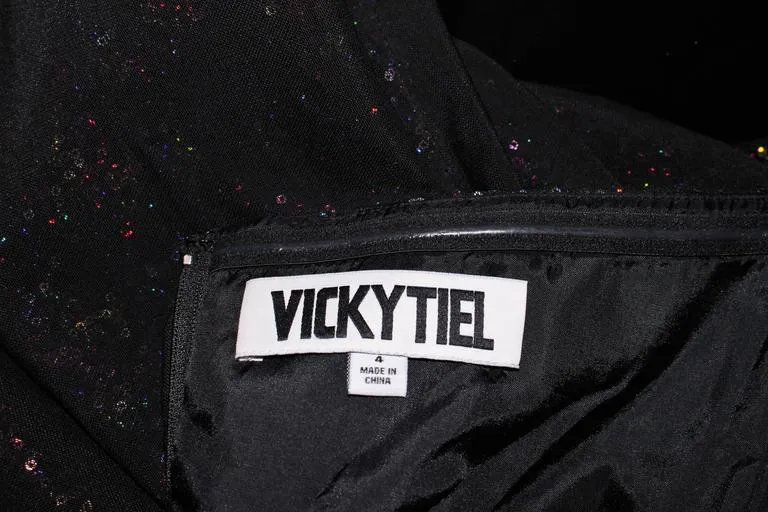VICKY TIEL Black Draped Gown with Sequin Interior Size 4