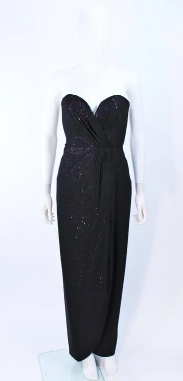 VICKY TIEL Black Draped Gown with Sequin Interior Size 4