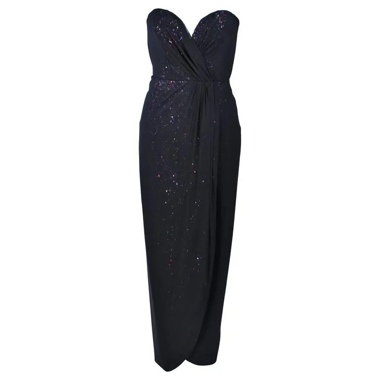 VICKY TIEL Black Draped Gown with Sequin Interior Size 4