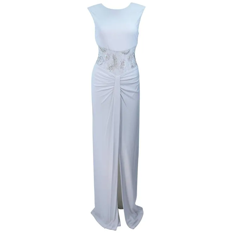 VICKY TIEL White Jersey Dress with Sheer Sequin Waist and Back Size 4
