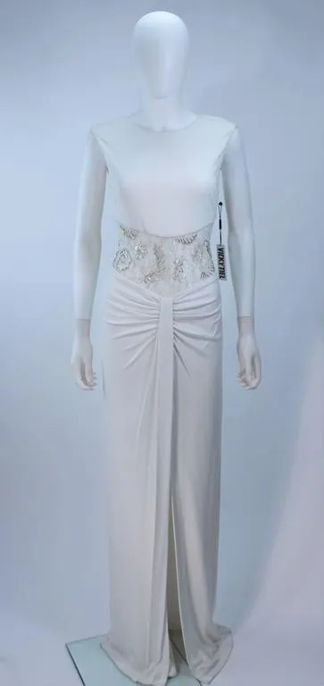VICKY TIEL White Jersey Dress with Sheer Sequin Waist and Back Size 4