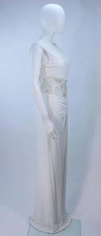 VICKY TIEL White Jersey Dress with Sheer Sequin Waist and Back Size 4