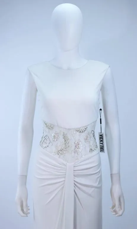 VICKY TIEL White Jersey Dress with Sheer Sequin Waist and Back Size 4