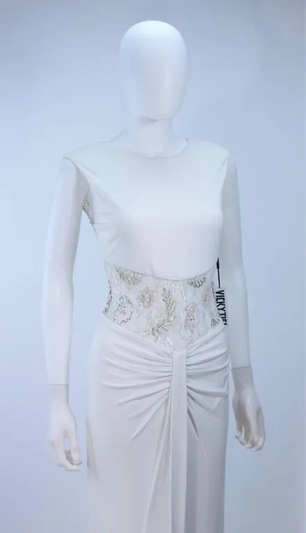 VICKY TIEL White Jersey Dress with Sheer Sequin Waist and Back Size 4