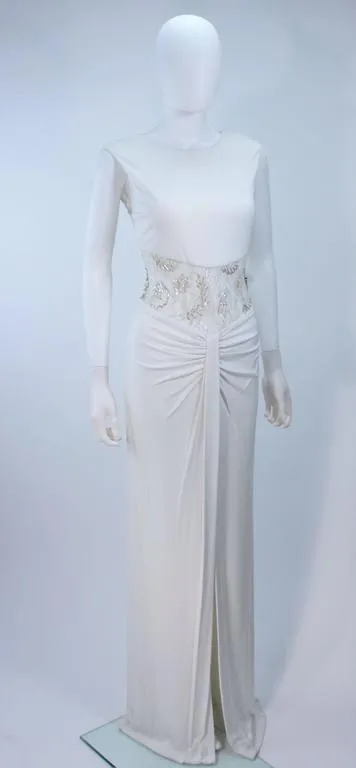VICKY TIEL White Jersey Dress with Sheer Sequin Waist and Back Size 4