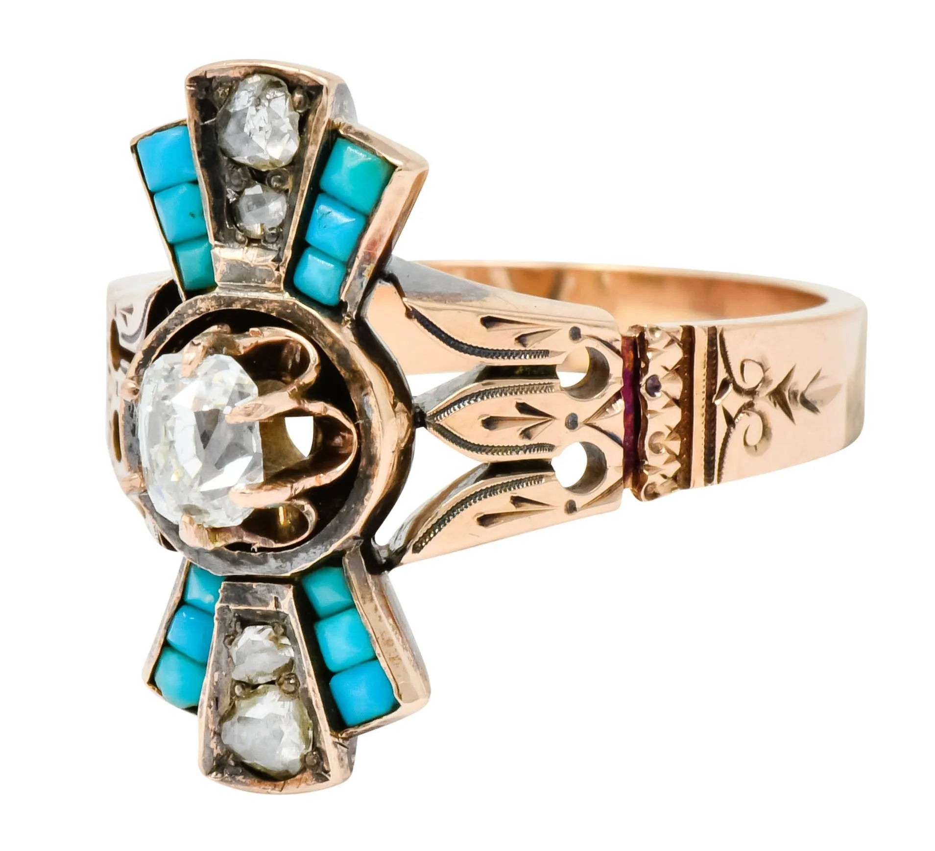 Victorian Diamond Turquoise 14 Karat Rose Gold Statement Ring