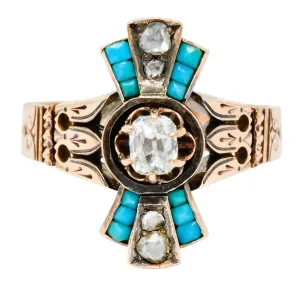 Victorian Diamond Turquoise 14 Karat Rose Gold Statement Ring