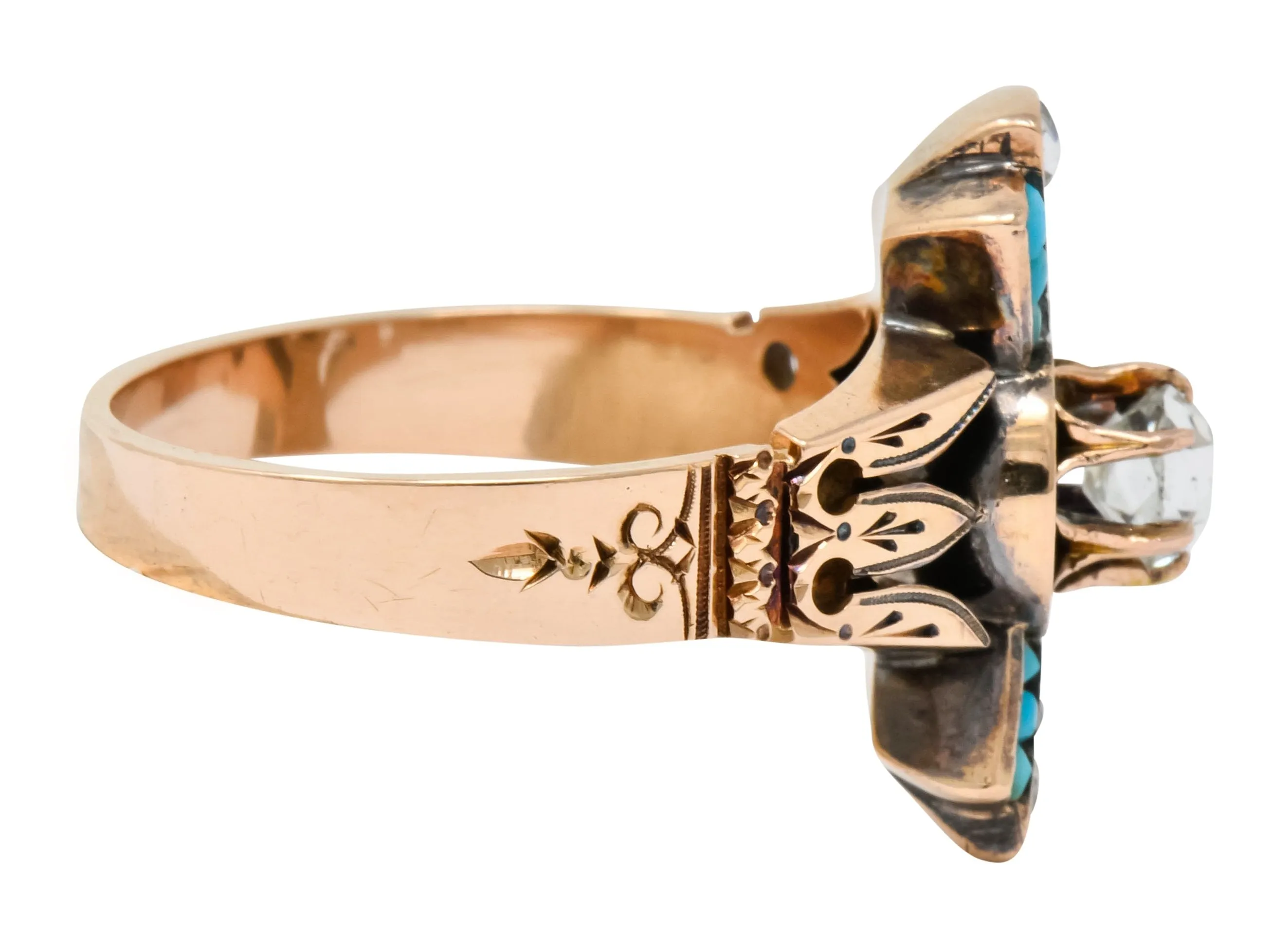 Victorian Diamond Turquoise 14 Karat Rose Gold Statement Ring