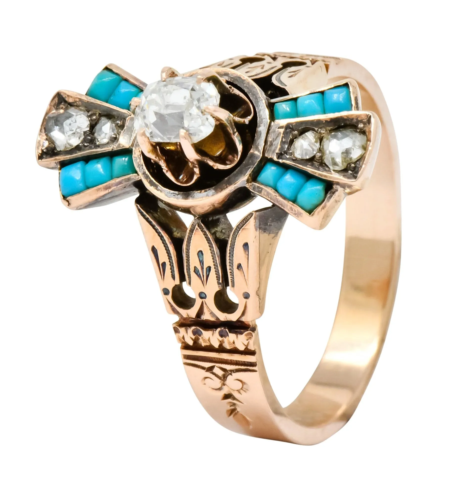 Victorian Diamond Turquoise 14 Karat Rose Gold Statement Ring