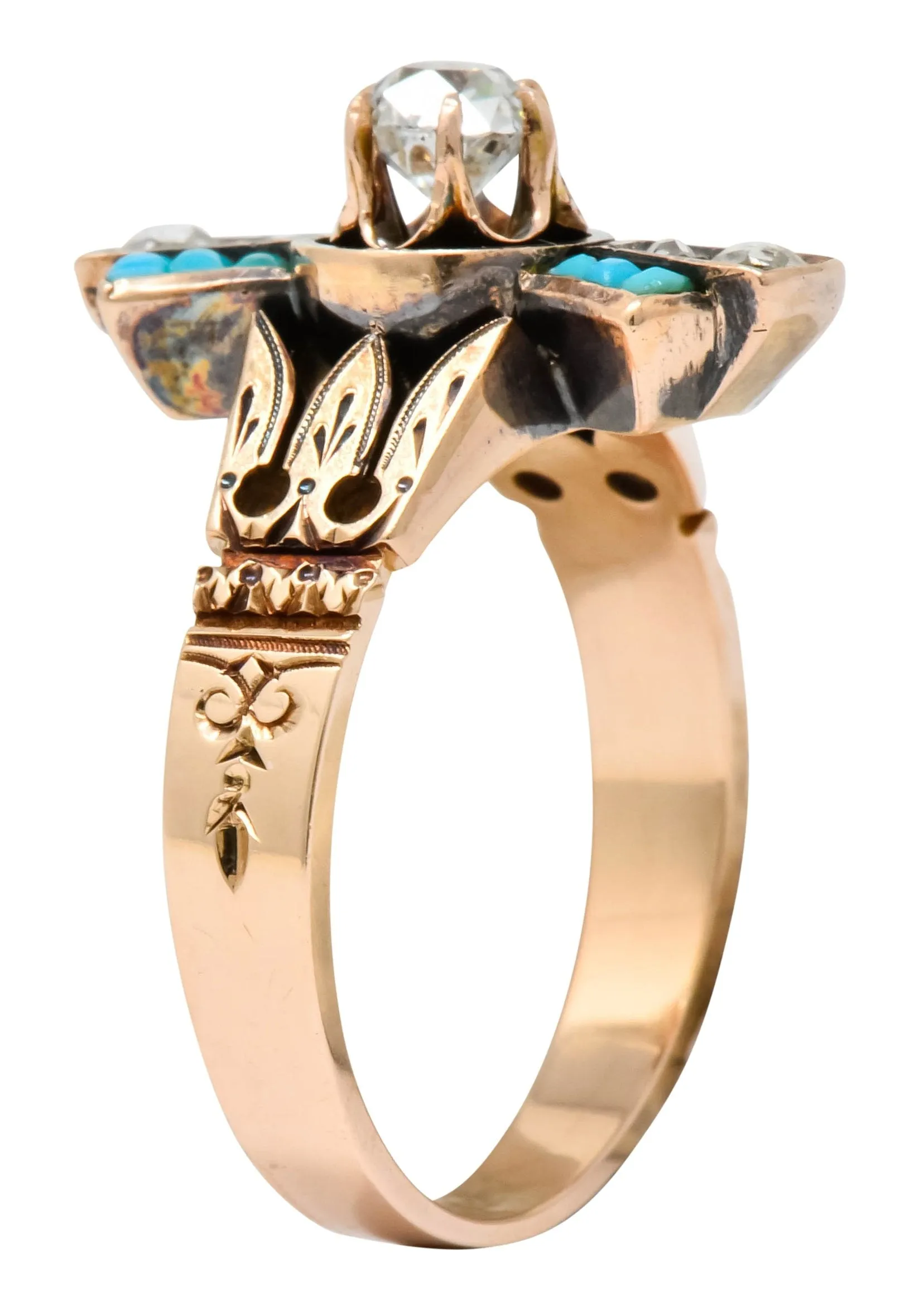 Victorian Diamond Turquoise 14 Karat Rose Gold Statement Ring