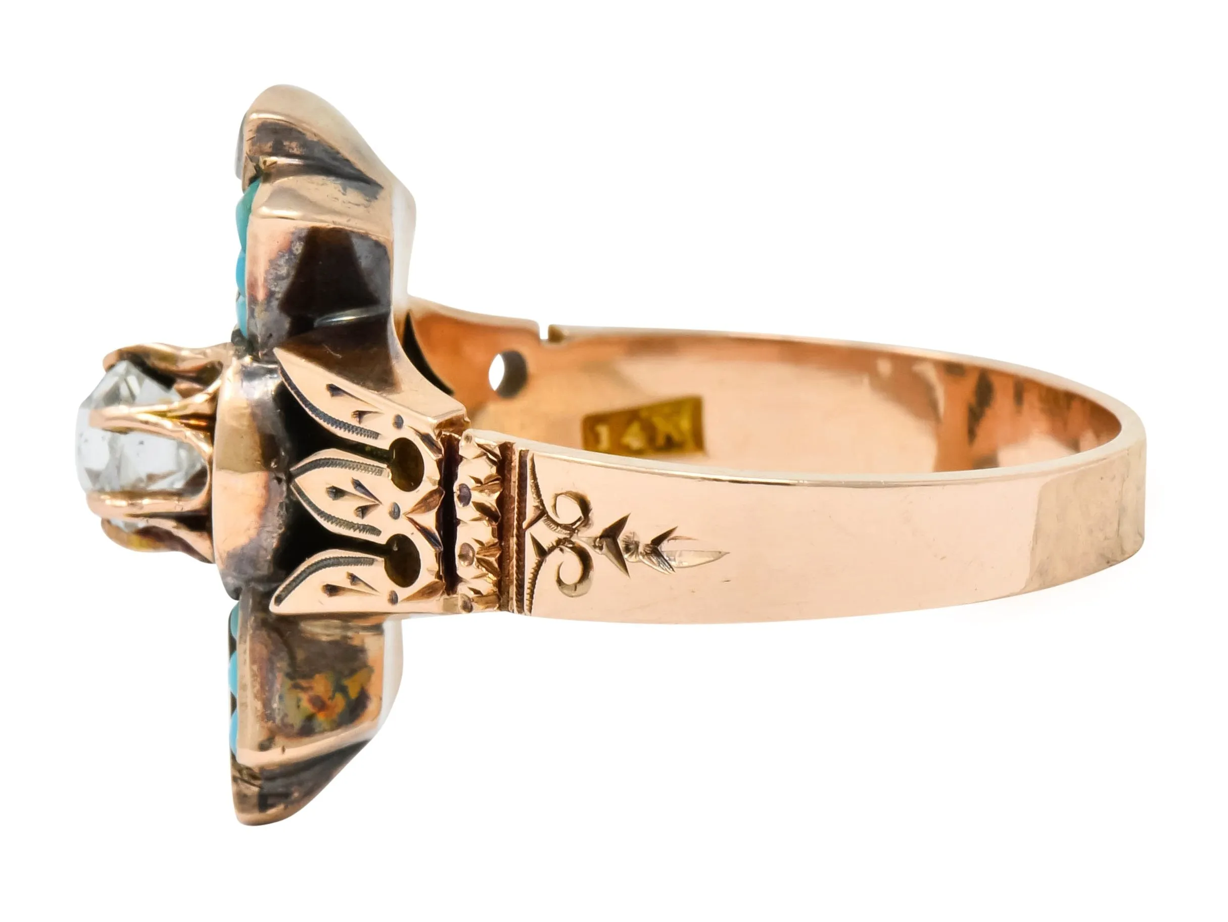 Victorian Diamond Turquoise 14 Karat Rose Gold Statement Ring