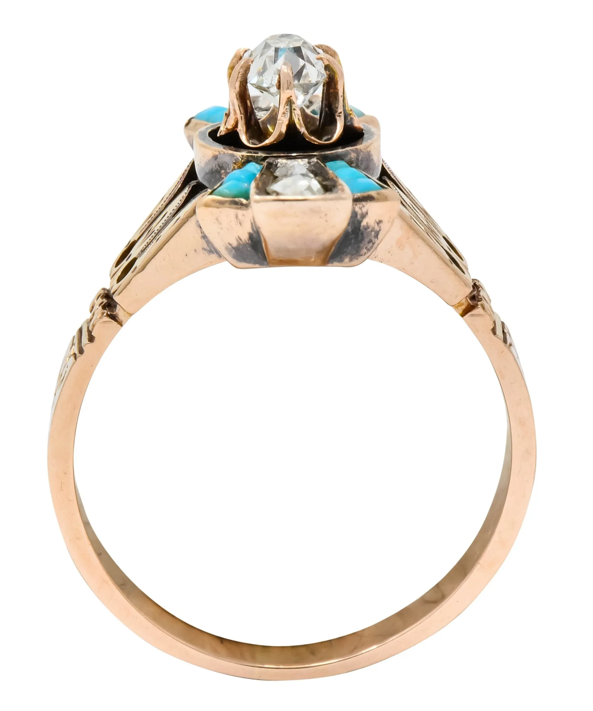 Victorian Diamond Turquoise 14 Karat Rose Gold Statement Ring