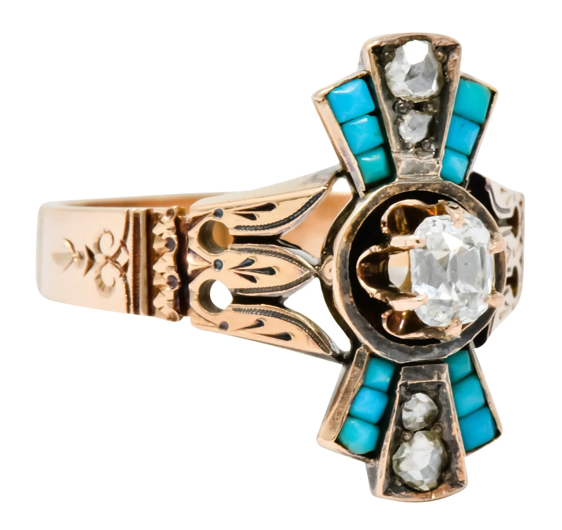 Victorian Diamond Turquoise 14 Karat Rose Gold Statement Ring